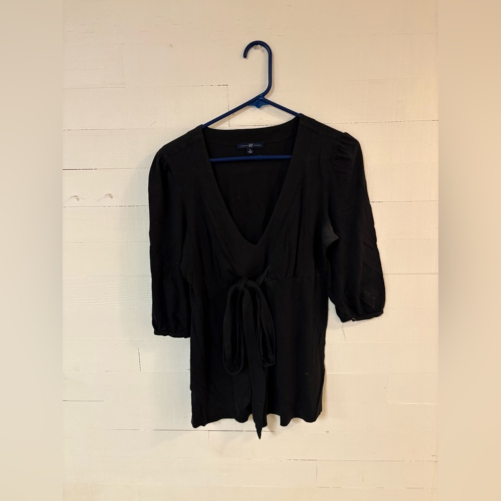 GAP Black Tie Front Blouse L Tall Cotton Modal 3/4 Sleeve Top